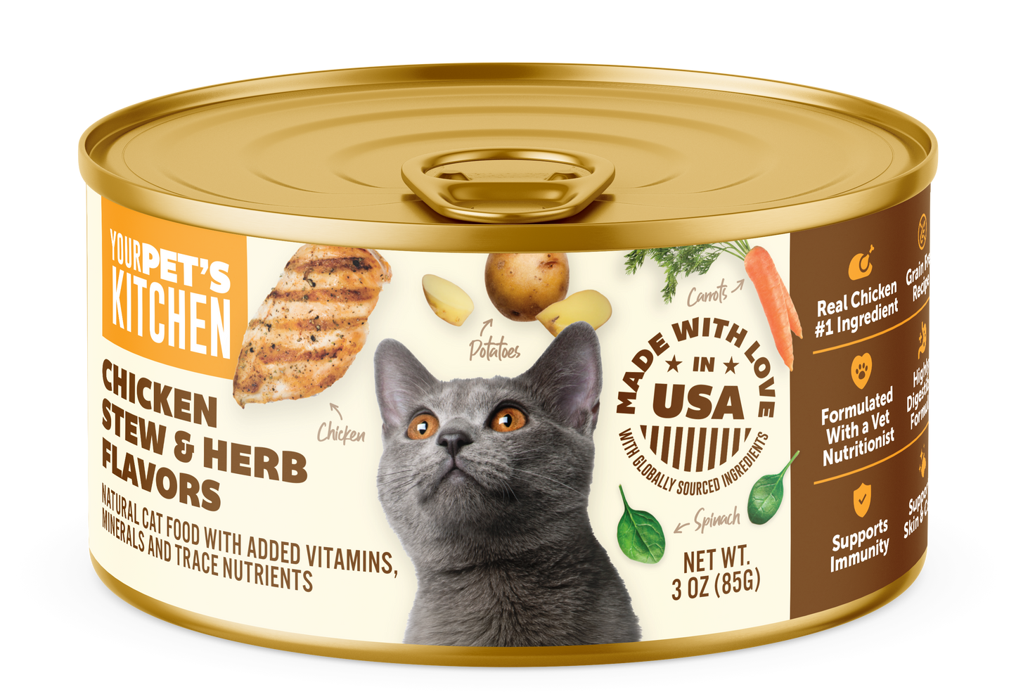 Your Pet's Kitchen Canned Wet Cat Food, Chicken & Herb Stew - 3 oz Cans (Pack of 24), Made in The USA with Real Chicken