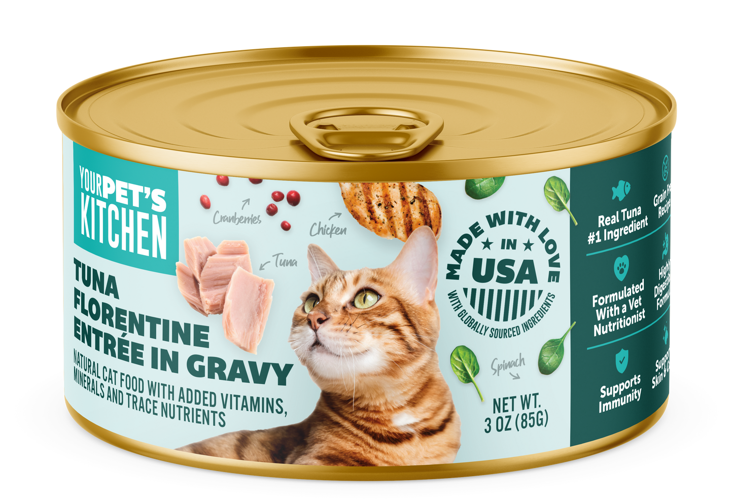 Your Pet's Kitchen Canned Wet Cat Food, Tuna Florentine Entrée in Gravy - 3 oz Cans (Pack of 24), Made in The USA with Real Tuna