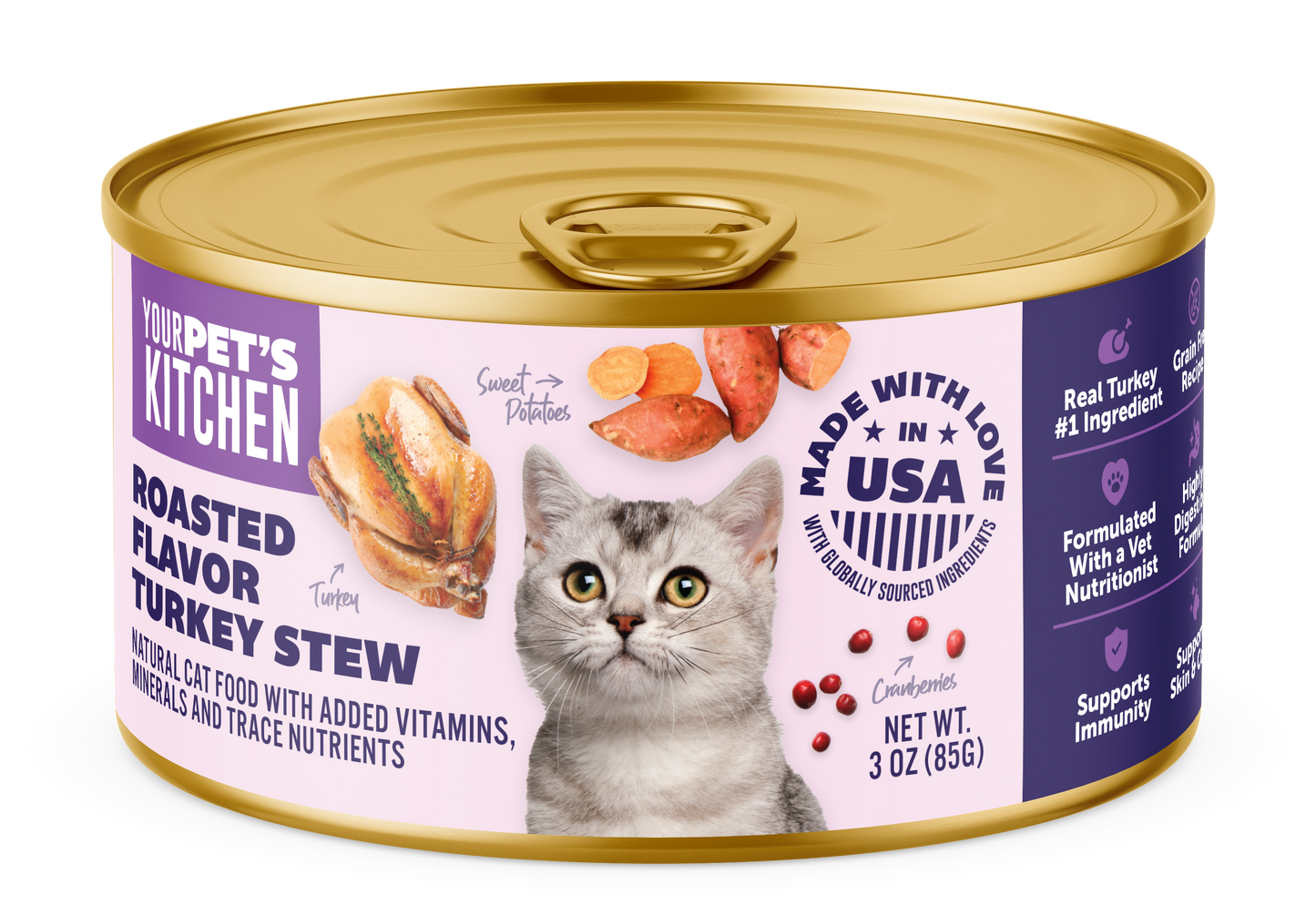 Your Pet's Kitchen Canned Wet Cat Food, Roasted Flavor Turkey Stew - 3 oz Cans (Pack of 24), Made in The USA with Real Turkey