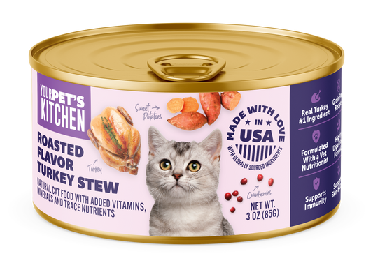 Your Pet's Kitchen Canned Wet Cat Food, Roasted Flavor Turkey Stew - 3 oz Cans (Pack of 24), Made in The USA with Real Turkey